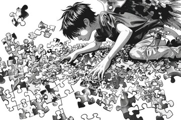 Poster - Young boy laying on colorful puzzle pieces, perfect for educational concepts