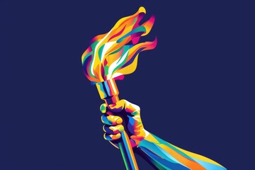 Poster - A hand holding a colorful torch in a dark room. Suitable for illustrating mystery or exploration themes