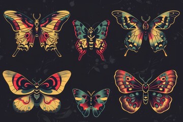 Poster - Four vibrant butterflies on a dark backdrop, suitable for various design projects