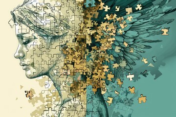 Poster - A woman's head with puzzle pieces on it. Perfect for illustrating problem-solving concepts