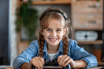 Poster - A young girl smiles while playing a video game. Perfect for gaming industry promotions