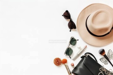 Elegant summer accessories arrayed neatly on bright white surface