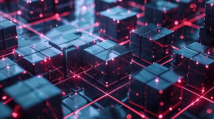 Poster - A collection of cubes with red lights on them. Suitable for technology or futuristic concepts