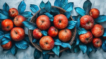 Wall Mural -   A tablecloth-covered table is adorned with a basket brimming with crimson apples and encircled by verdant foliage