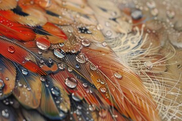 Poster - Close up of bird feathers with water droplets, perfect for nature-themed designs