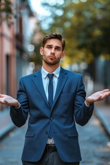 Poster - A man in a suit and tie standing on a street. Suitable for business concept designs