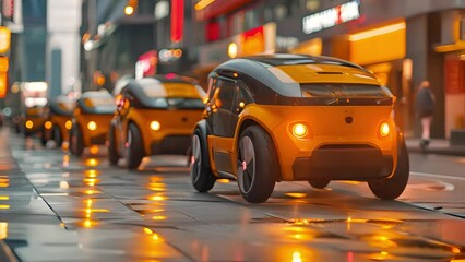 Aufkleber - A fleet of self-driving robots on a glistening city road during evening hours.