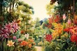 Tropical forest with vivid trees, plants and flowers, watercolor illustration