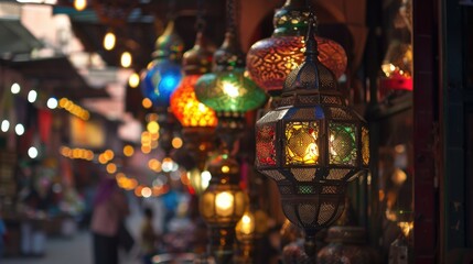 Fototapete - A street filled with various colored lamps, suitable for urban and festive themes