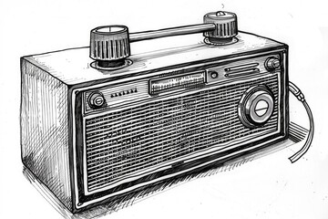 Poster - Detailed black and white illustration of a retro radio. Perfect for vintage design projects