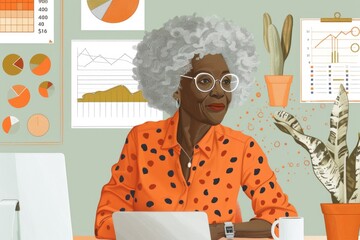 Poster - Woman sitting at a desk with a laptop, suitable for business or technology concepts