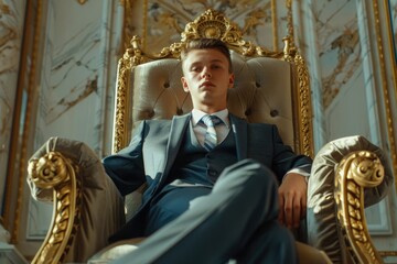 Poster - A man in a suit sitting in a chair. Suitable for business concepts