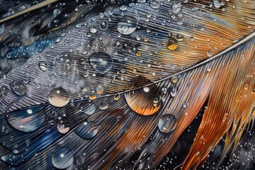 Poster - Close up of a feather with water droplets. Suitable for nature or abstract concepts