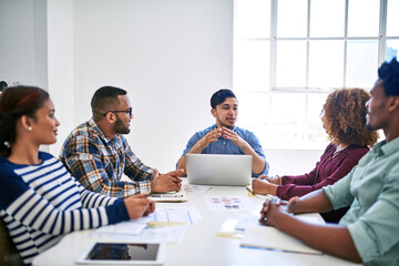 Poster - Startup, laptop or people in meeting speaking of paperwork, feedback review or partnership together. Development, staff or designers talking for teamwork or planning in conversation for project brief