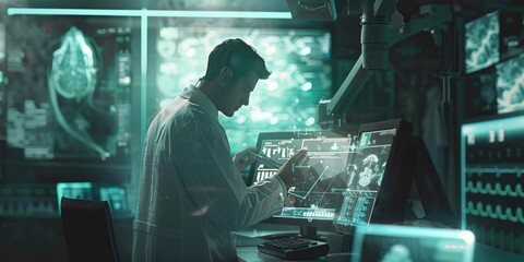Poster - A man in a lab coat working on a computer. Suitable for technology and research concepts
