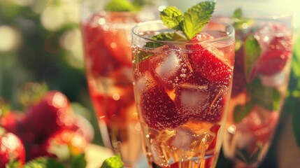 Poster - Close up of a glass of wine with fresh strawberries. Perfect for food and beverage concepts