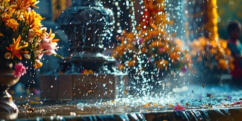 Poster - Close up of a fountain with vibrant flowers, suitable for various design projects