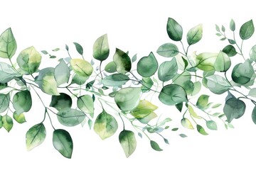 Wall Mural - Vibrant watercolor painting of green leaves on a white background. Perfect for nature lovers and botanical enthusiasts