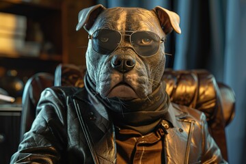 Aufkleber - Stylish dog wearing sunglasses and a leather jacket, perfect for pet fashion blogs or animal clothing ads