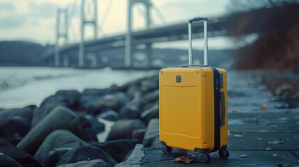 Poster - A yellow suitcase sitting on a sidewalk. Perfect for travel themes