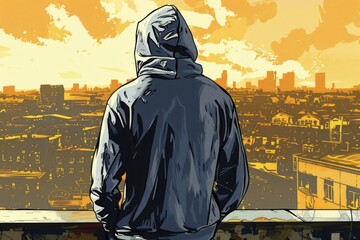 Aufkleber - A man in a hoodie standing and looking out over a city. Suitable for urban themes