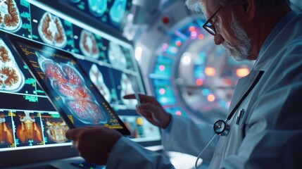 Leinwandbilder - A man in a lab coat studying information on a computer screen. Suitable for scientific research concepts