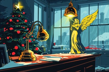 Poster - Festive Christmas scene with angel and tree