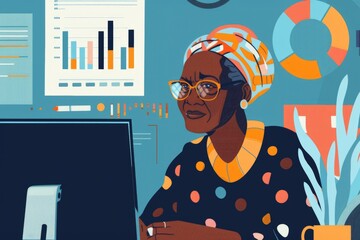 Poster - A woman sitting in front of a computer, suitable for business concepts