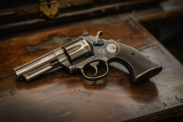 Aufkleber - A gun placed on a wooden table with a case in the background. Suitable for security and crime prevention concepts