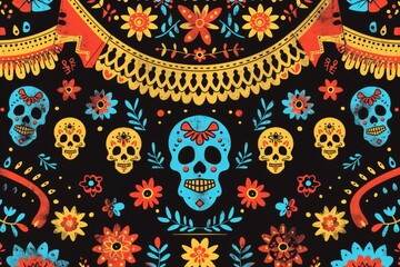 Poster - A pattern of skulls and flowers on a black background. Suitable for Halloween or Gothic themed designs