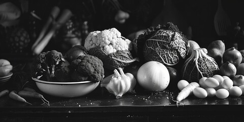 Poster - Assorted vegetables displayed on a wooden table, suitable for healthy eating concept