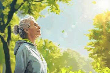 Poster - Woman standing in a forest looking up at the sky. Suitable for nature and contemplation concepts