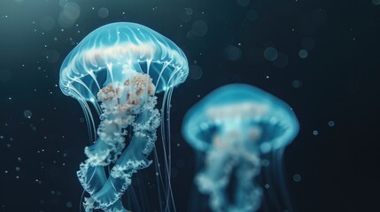 Poster - Two jellyfish floating gracefully in the water. Suitable for marine life concepts