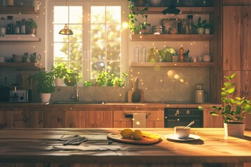 A kitchen with wooden cabinets and a table with a bowl of fruit. Suitable for home decor or cooking blog