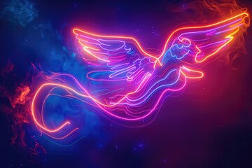 Poster - Neon angel flying through the night sky, suitable for fantasy themes