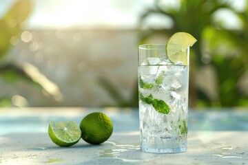 Sticker - Cool and refreshing glass of water with ice, lime and mint, perfect for summer drinks