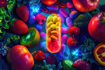 Poster - Colorful assortment of fresh produce under neon lights, perfect for food and health-related designs