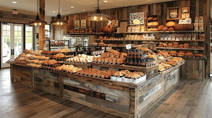 Wall Mural -   A bakery showcases an array of diverse bread and muffin options through its window display