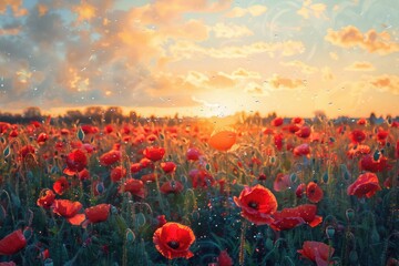 Poster - Vibrant red poppies blooming in a field under a dramatic cloudy sky. Suitable for nature or floral themes