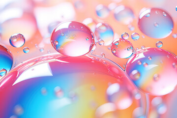Aufkleber - Pink holographic bubbles floating on the soft colorful abstract background in beautiful vivid tones.