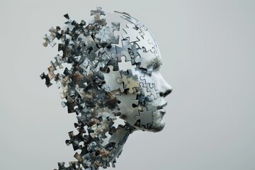 Poster - Metal head made of puzzle pieces, suitable for technology and innovation concepts