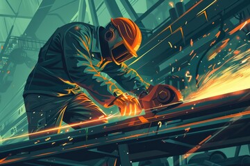 Poster - A man wearing a gas mask welding metal. Suitable for industrial concepts