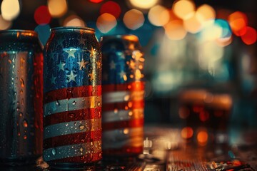 Poster - Group of soda cans on rustic wooden table, perfect for beverage advertising
