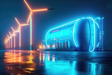 A cluster of wind turbines in a row. Suitable for energy and technology concepts