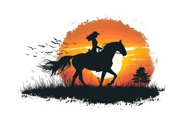 Poster - Silhouette of a woman riding a horse at sunset. Suitable for outdoor and adventure concepts