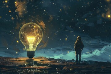 Poster - A person standing in front of a glowing light bulb. Ideal for illustrating creativity or ideas