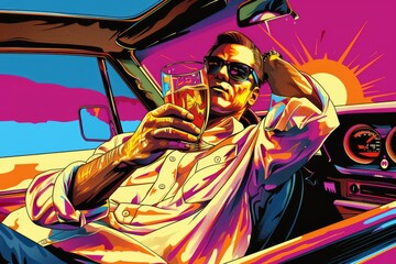 Poster - A man sitting in a car holding a glass of wine, suitable for lifestyle and luxury concepts
