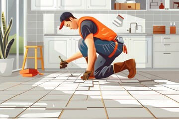 Poster - A man in an orange vest working on a tile floor. Suitable for construction projects