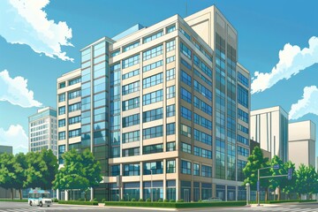 Poster - A drawing of a large building with many windows. Suitable for business and architecture concepts
