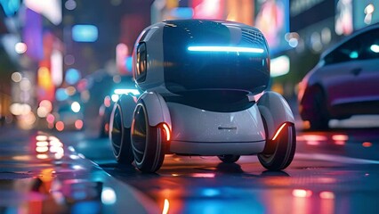 Aufkleber - A sleek autonomous robot travels along a city street, illuminated by the glow of neon signs.